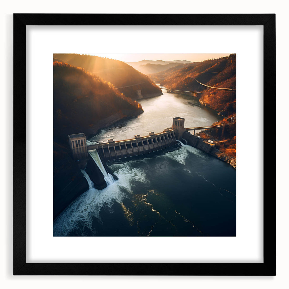 Extra large colorful art print of abstract Hoover Dam scenery on textured canvas, framed in black.