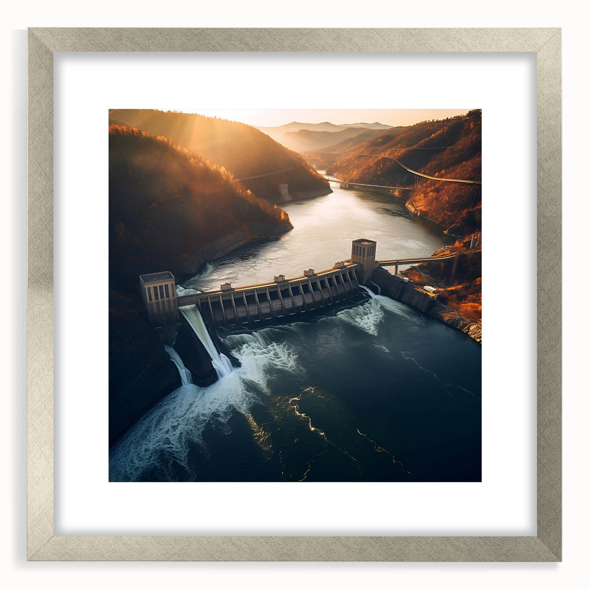 Textured art print of Hoover Dam in muted gray and blue tones on a framed silver mat, suitable for bedroom decor.
