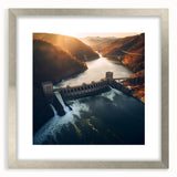 Textured art print of Hoover Dam in muted gray and blue tones on a framed silver mat, suitable for bedroom decor.