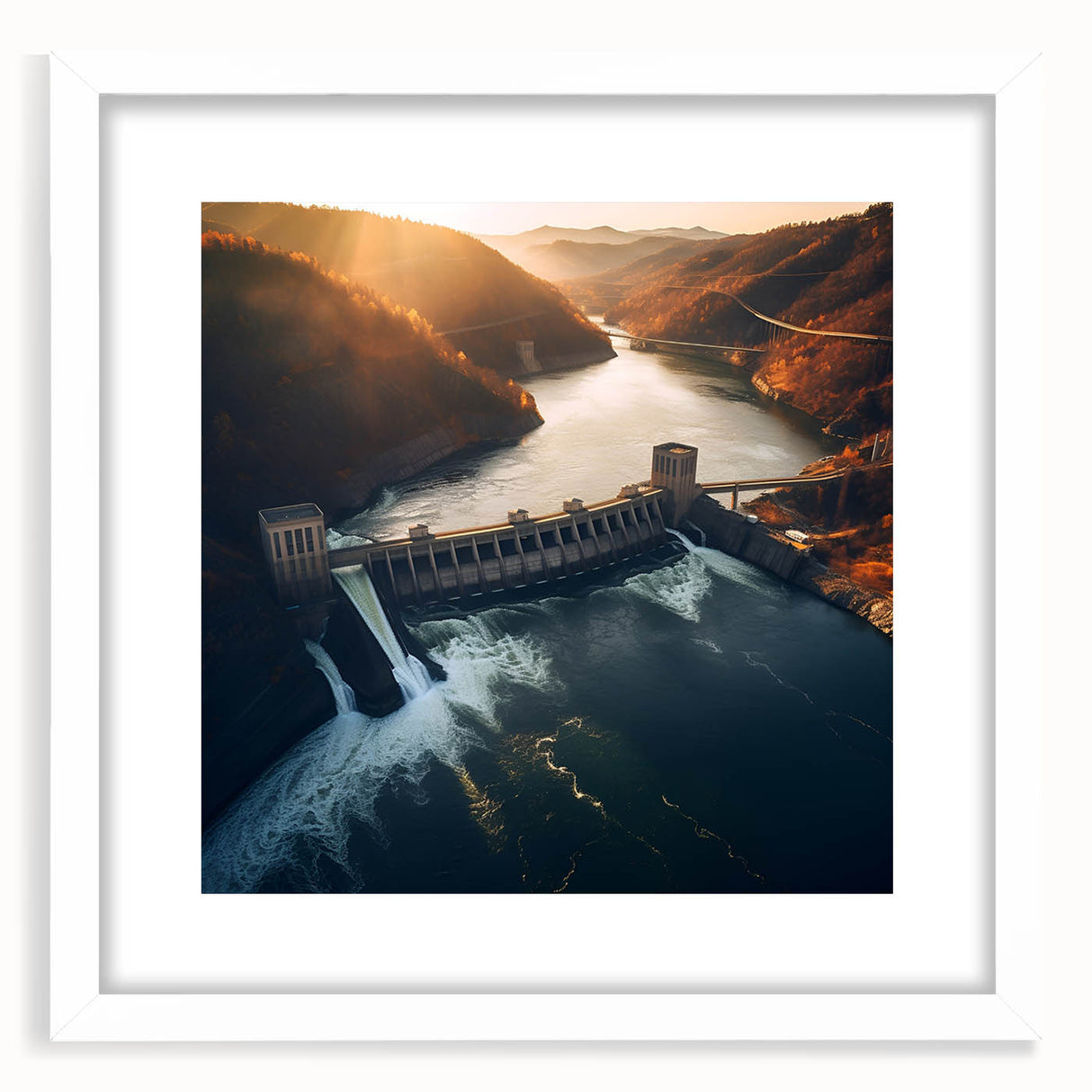 Abstract art print of Hoover Dam in muted blue and gray tones on a framed white mat, ideal for modern dining room decor.