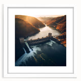 Abstract art print of Hoover Dam in muted blue and gray tones on a framed white mat, ideal for modern dining room decor.