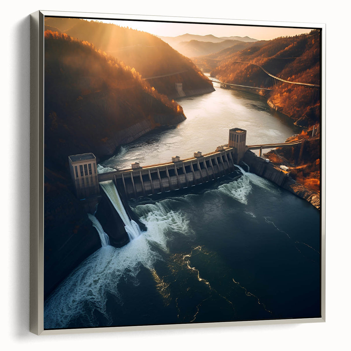 Landscape art painting of Hoover Dam, depicted in vintage poster style on a framed canvas.
