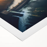 Art deco poster of Hoover Dam in muted gray and blue tones on rolled canvas, suitable for dining room wall art.