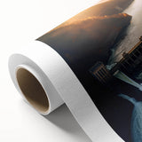 Art Deco style poster of Hoover Dam in muted earth tones on rolled canvas.