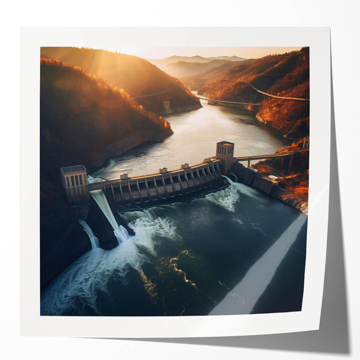 Rolled print of Hoover Dam in muted gray and blue tones, ideal for dining room wall art.