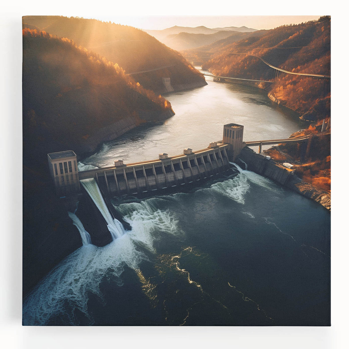 Black and white photograph of Hoover Dam on stretched canvas, ideal for kitchen wall art.