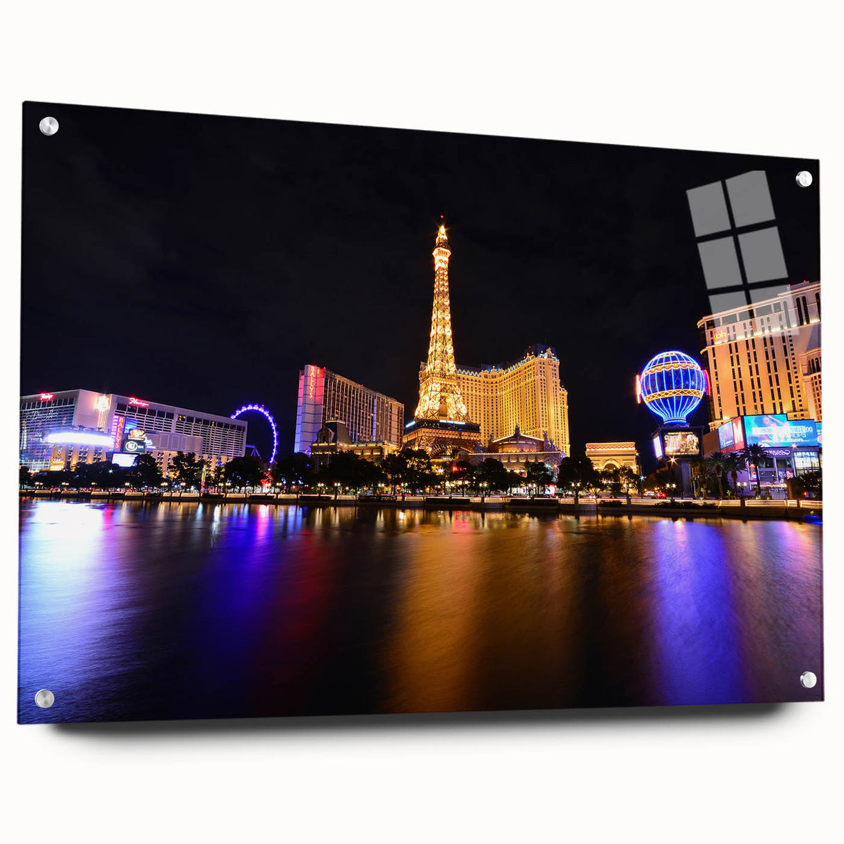 Acrylic print of Las Vegas skyline in vibrant nighttime colors, ideal for modern bedroom or dining room decor.