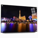 Acrylic print of Las Vegas skyline in vibrant nighttime colors, ideal for modern bedroom or dining room decor.