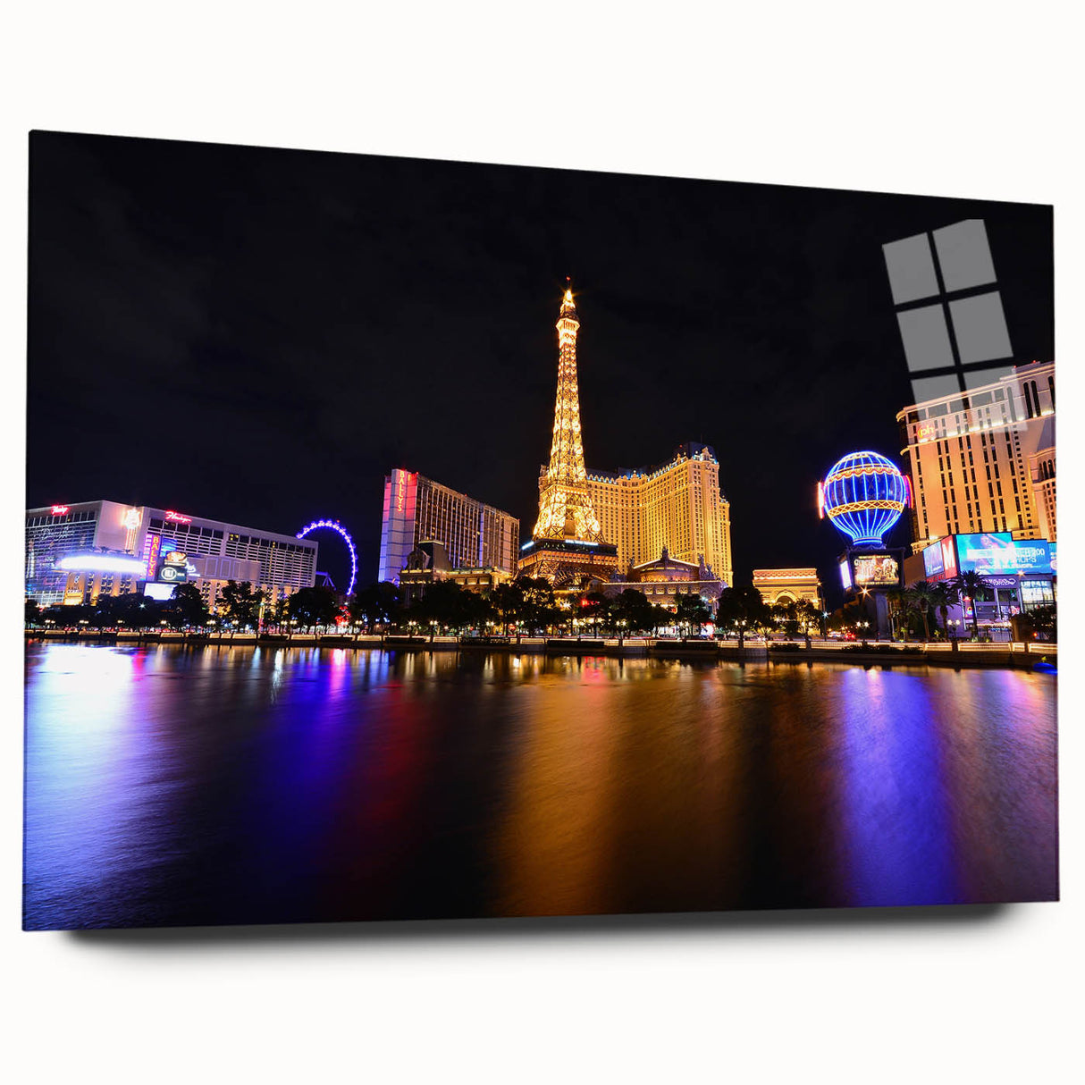 Large abstract depiction of Las Vegas skyline in vibrant colors on acrylic glass, suitable for bedroom or dining room art.