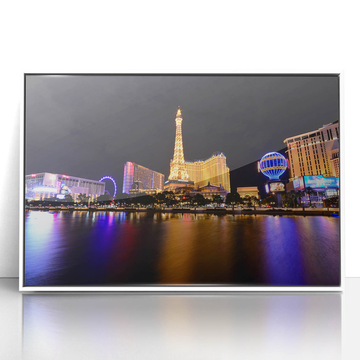 Art deco poster of Las Vegas skyline in muted silver and blue tones, framed acrylic, ideal for modern art wall decor.