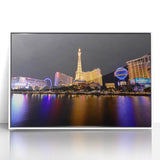 Art deco poster of Las Vegas skyline in muted silver and blue tones, framed acrylic, ideal for modern art wall decor.