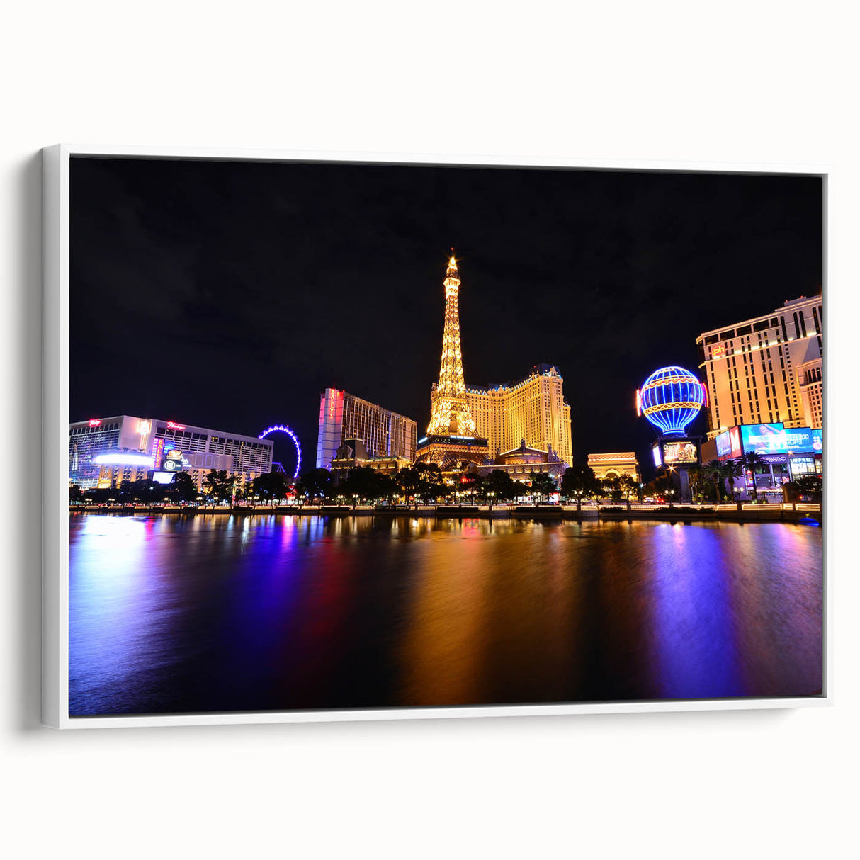 Vintage poster art of Las Vegas with colorful details on a large framed canvas, ideal for living room decor.