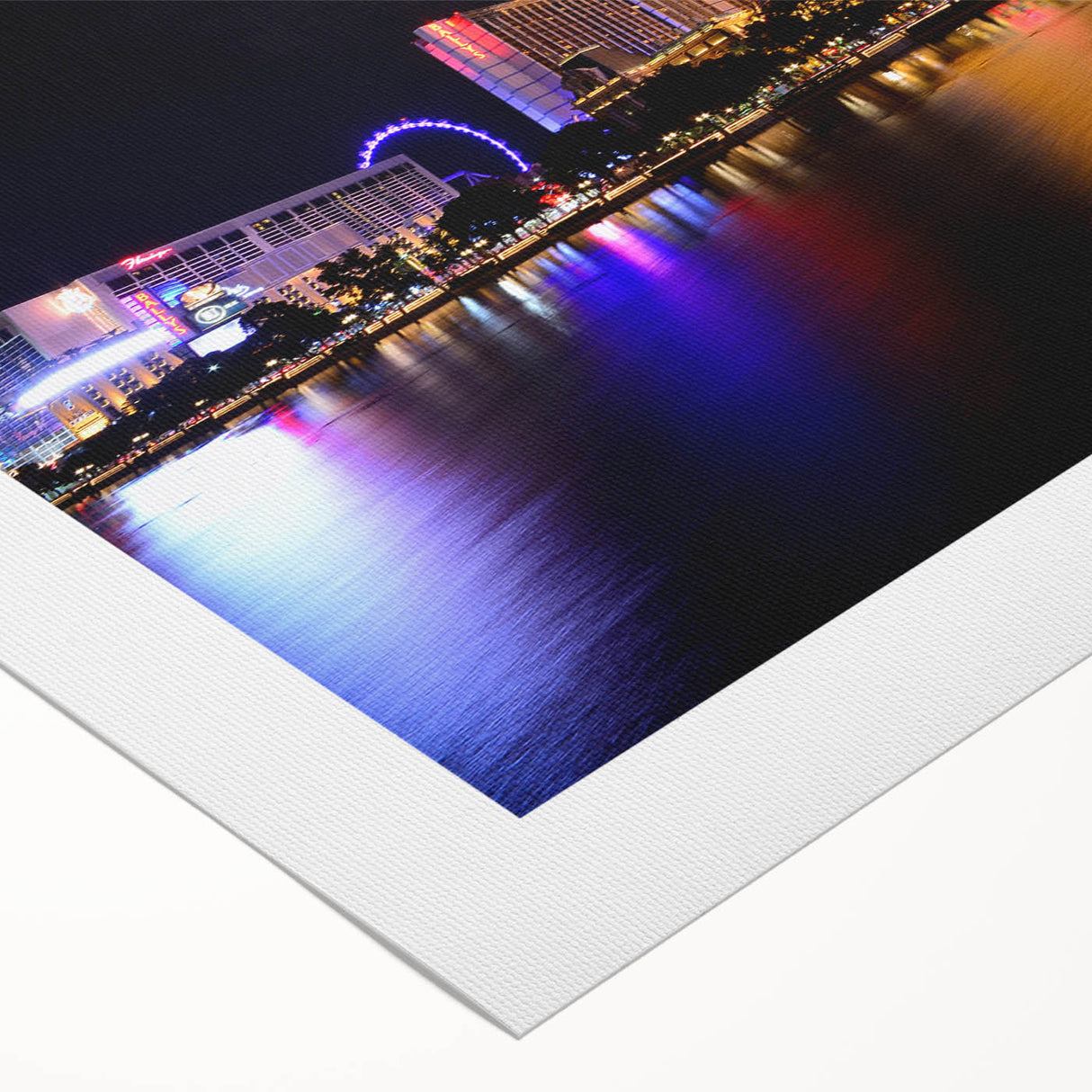 Art deco poster of Las Vegas skyline in muted gold and navy tones on rolled canvas, suitable for dining room decor.