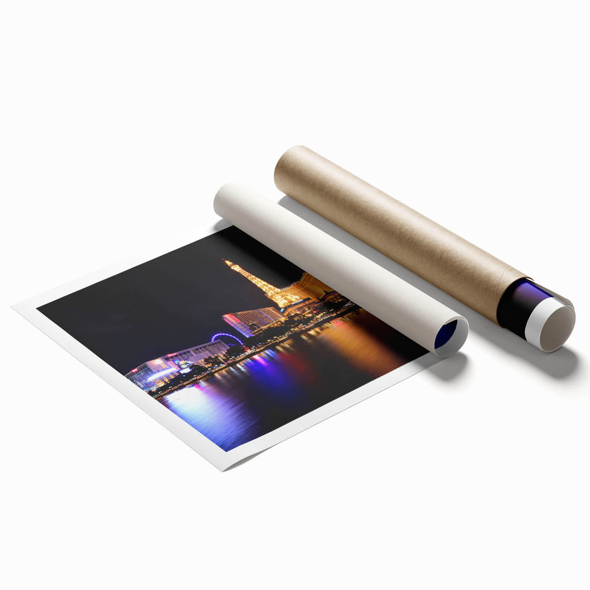 Extra large rolled print of Las Vegas scenery with vibrant twilight hues, ideal for classy bathroom wall art.