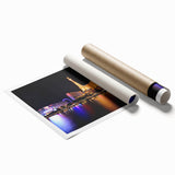 Extra large rolled print of Las Vegas scenery with vibrant twilight hues, ideal for classy bathroom wall art.