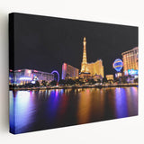 Las Vegas skyline in neon colors on a large stretched canvas, ideal for kitchen wall art.