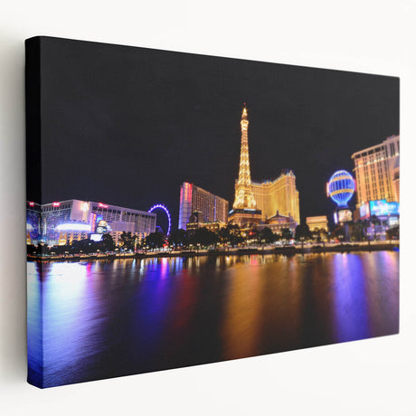 Las Vegas skyline in neon colors on a large stretched canvas, ideal for kitchen wall art.
