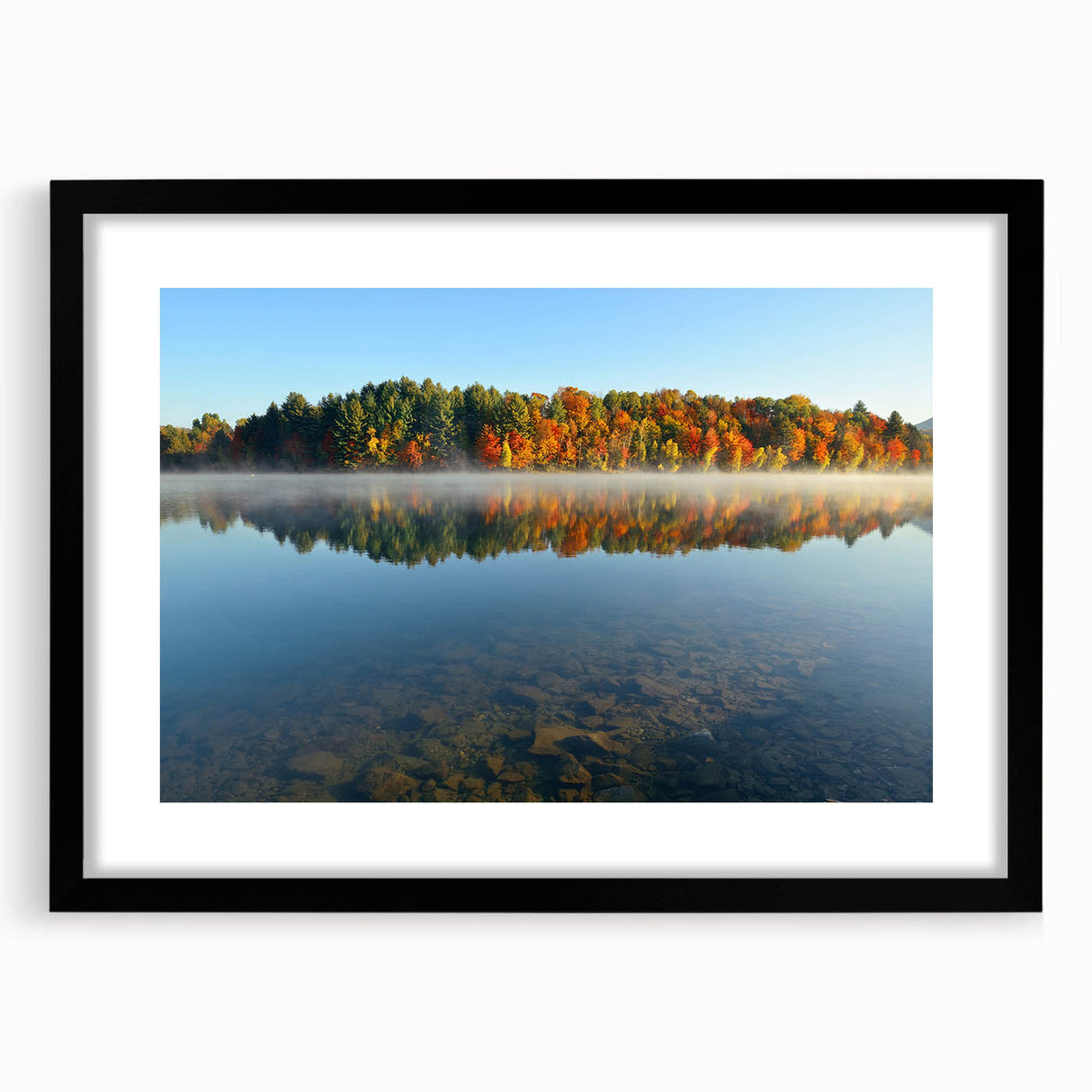 Colorful abstract art print depicting a textured New Hampshire scenery, in an extra large black framed format.