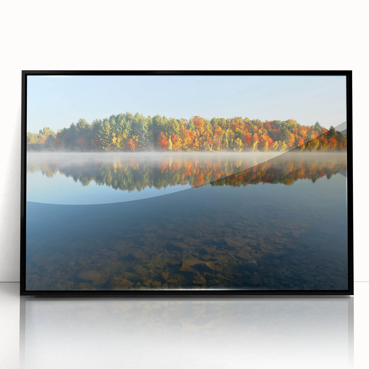 Large abstract wall art depicting New Hampshire scenery in mid-century modernist style, framed in black acrylic.