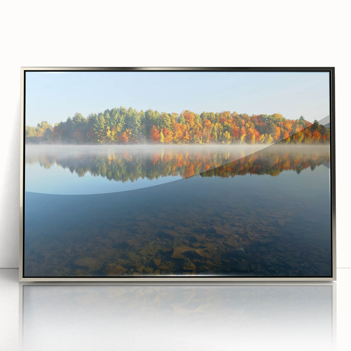 Mid-century modernist art depicting New Hampshire scenery in muted earth tones on a silver-framed acrylic print.