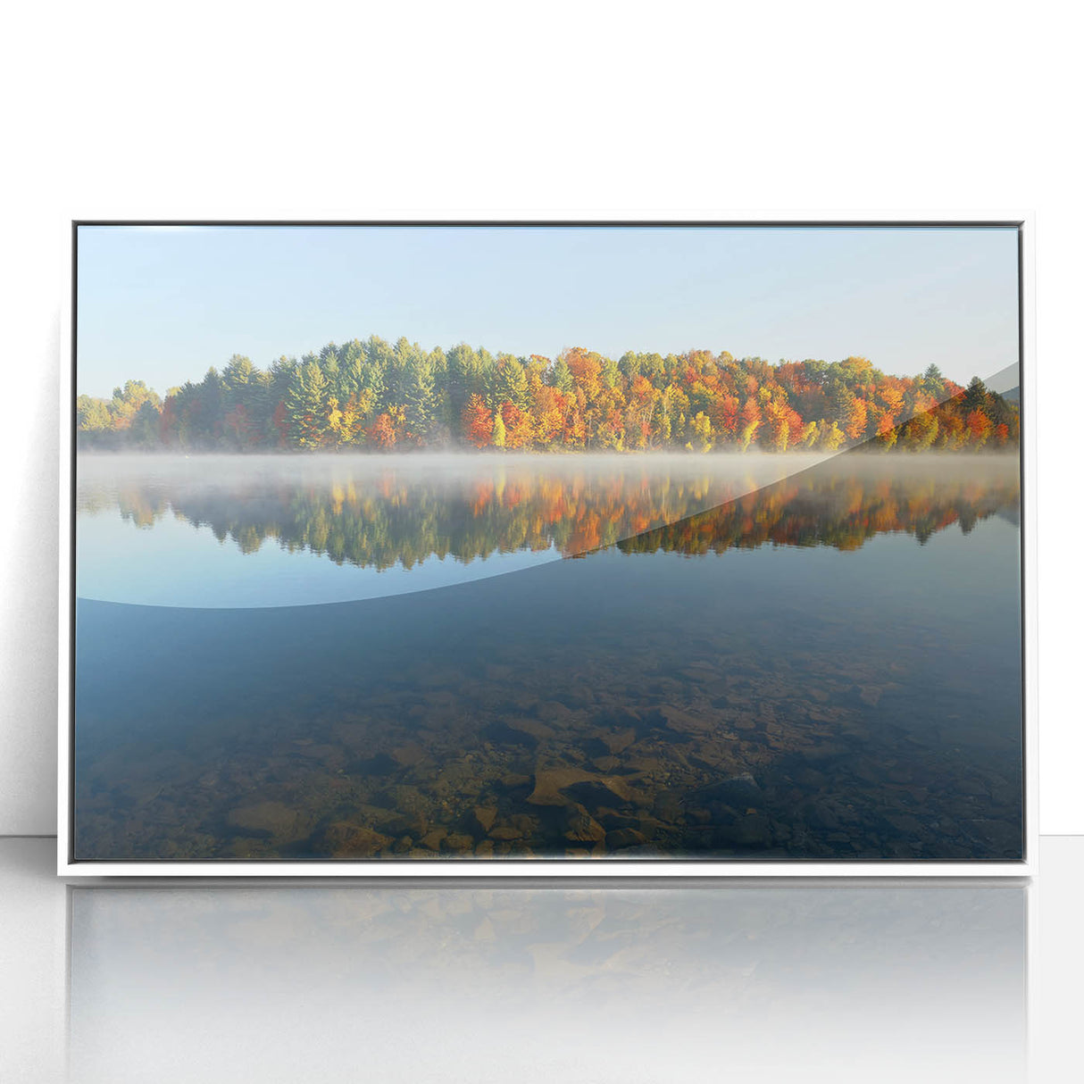 Acrylic print of a serene New Hampshire landscape in soft pastel colors, framed in white, suited for modern nursery decor.