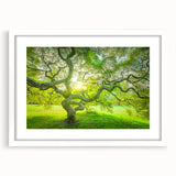 Abstract art print of New Jersey scenery in muted earth tones on a framed white mat, suitable for dining room decor.