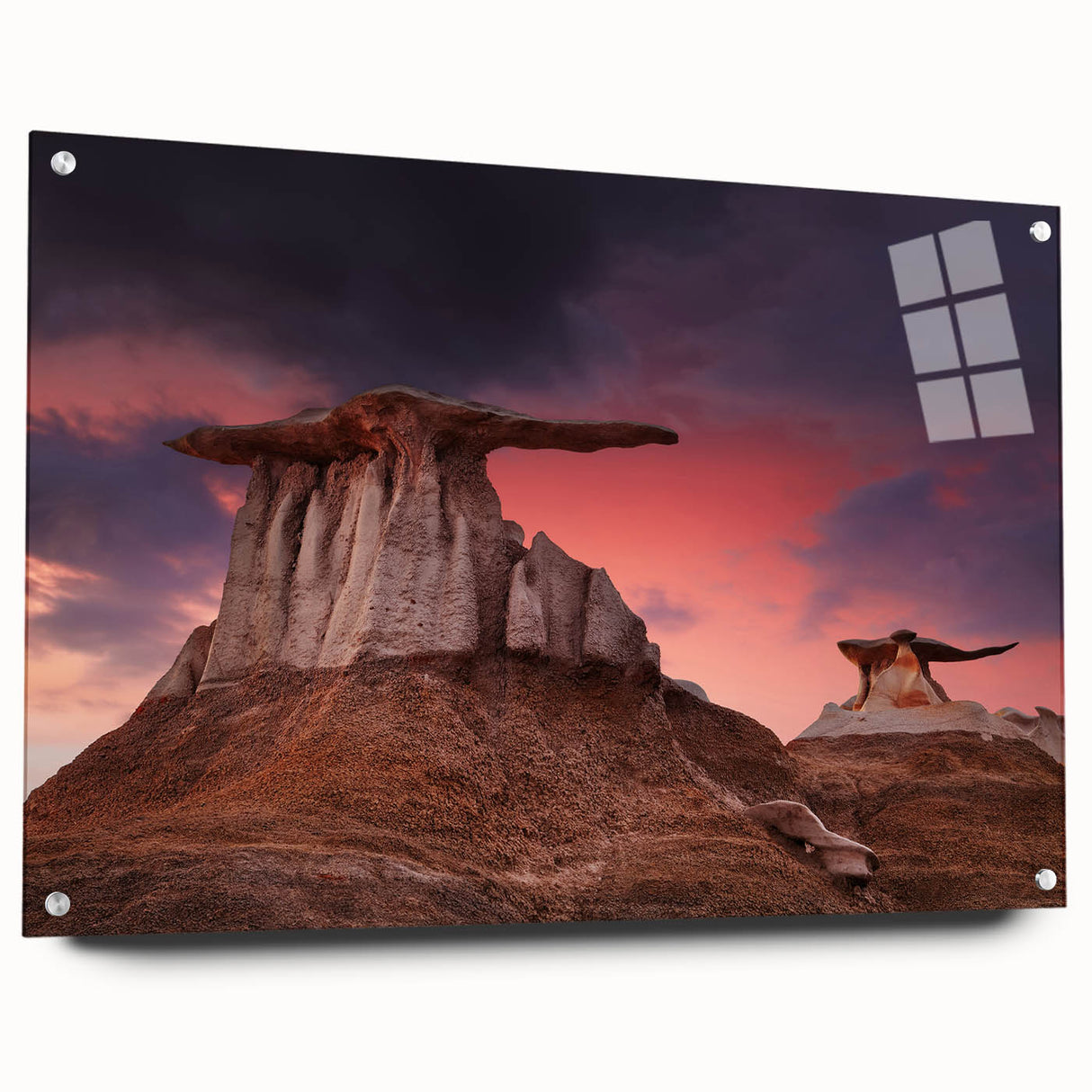 Acrylic print of a large abstract depiction of New Mexico scenery in earthy tones, suitable for bedroom or dining room decor.