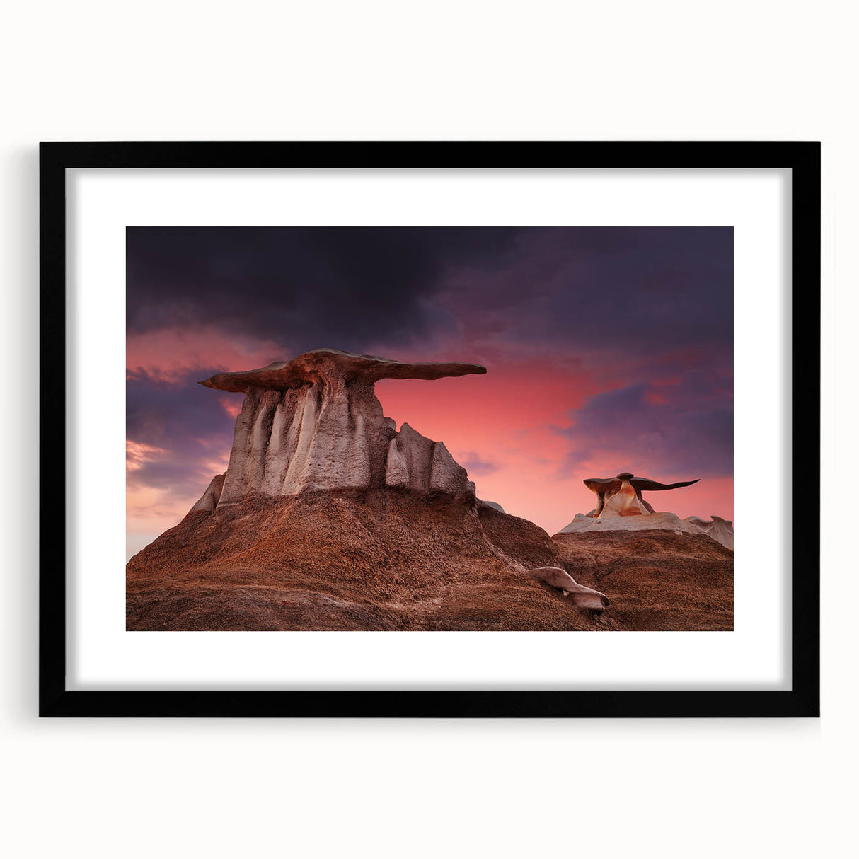 Extra large abstract art print of colorful, textured New Mexico scenery on framed black canvas, ideal for living room decor.