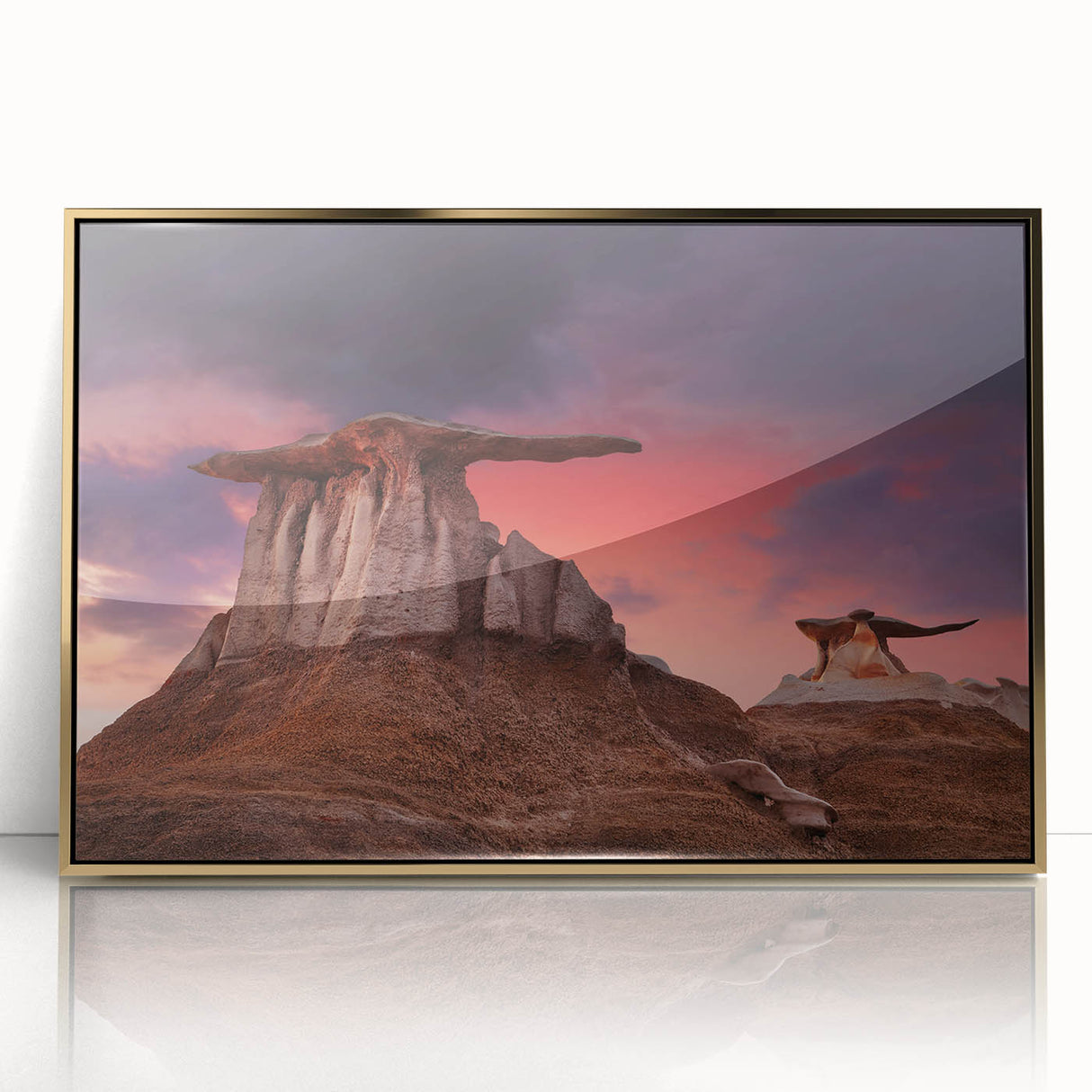 Large art print of New Mexico scenery in mid-century modernist style, framed in acrylic with gold tones.