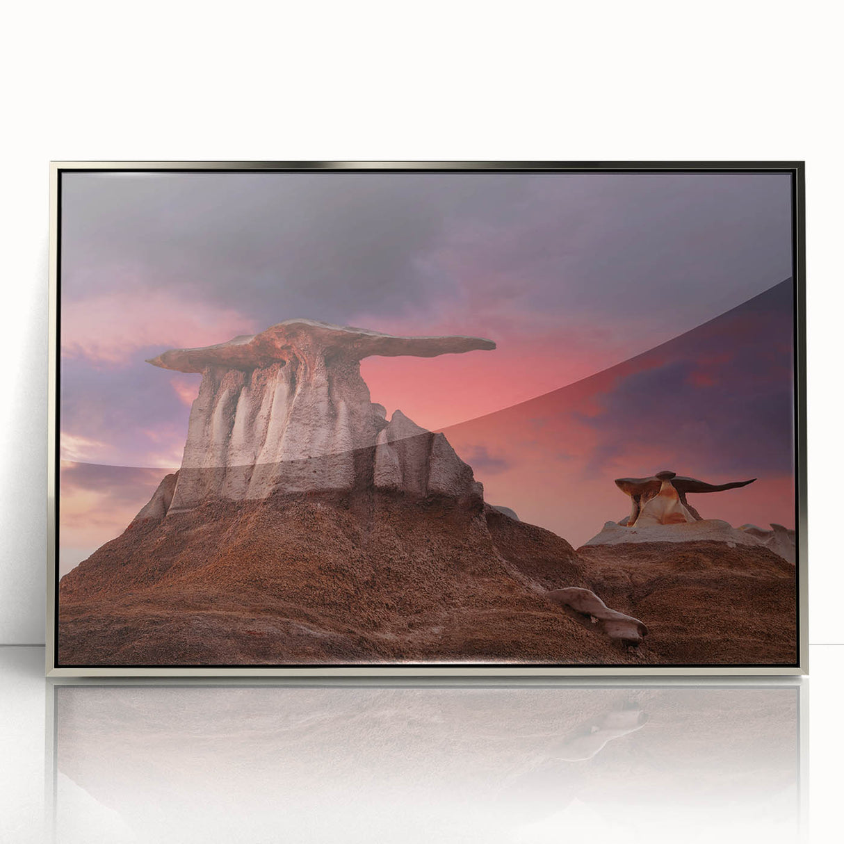 Mid-century modernist art depicting New Mexico scenery in muted earth tones on a framed acrylic panel.
