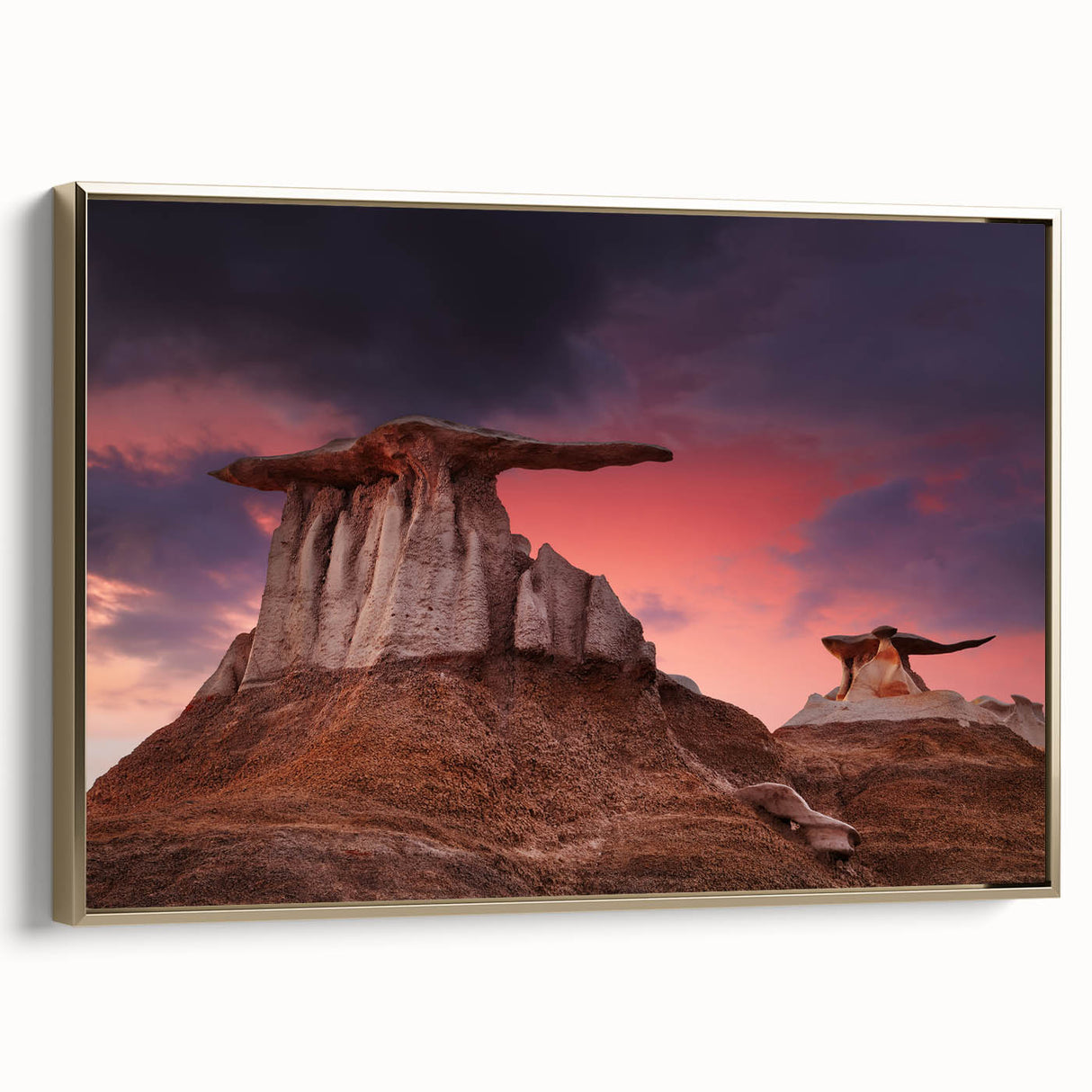 Framed canvas of a vintage New Mexico landscape in muted gold and black tones, ideal for bedroom wall art.