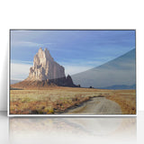 Acrylic print of White Sands, New Mexico landscape in muted beige and blue tones, framed in white.