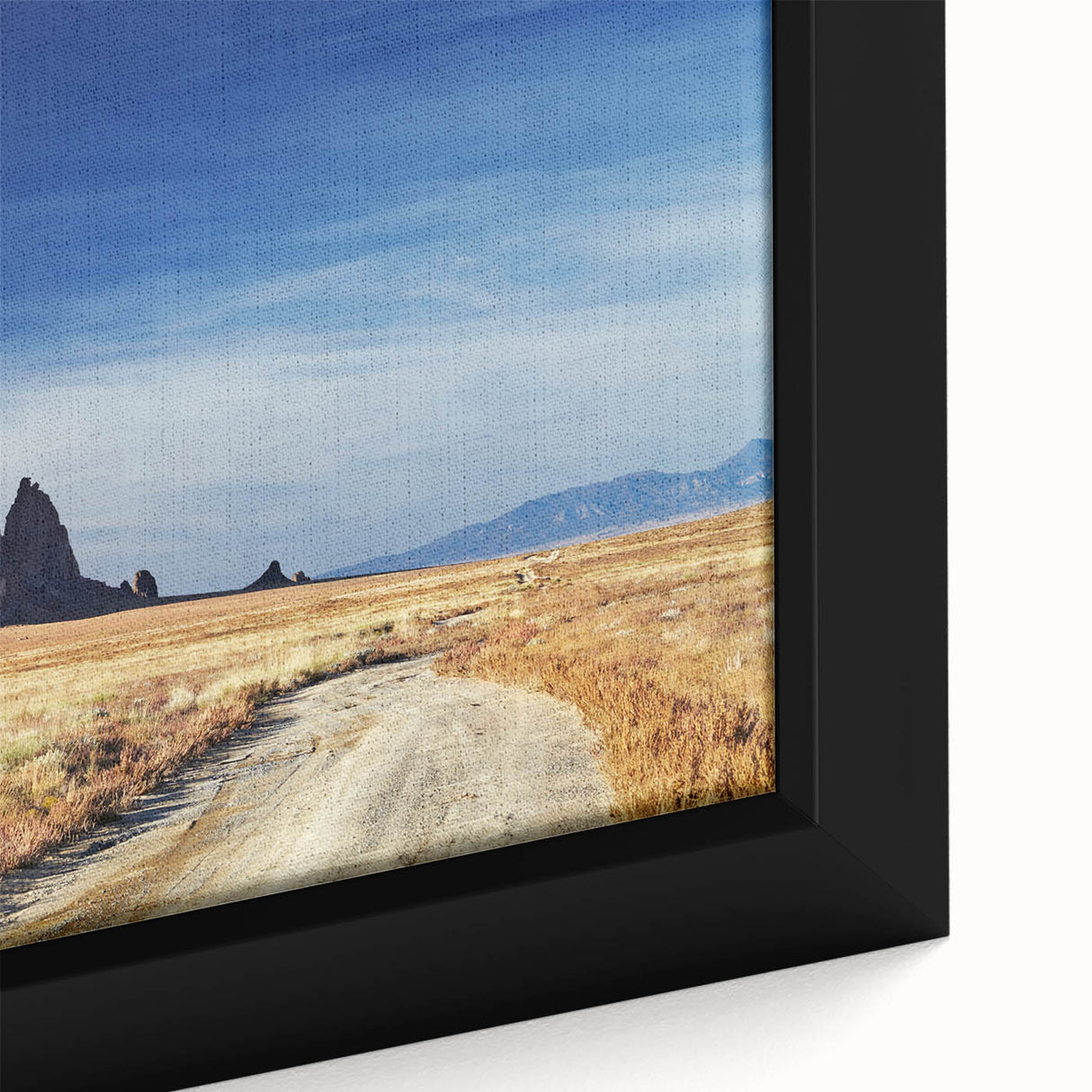 Extra large framed canvas of a textured black wall art featuring colorful, abstract depiction of New Mexico's White Sands.