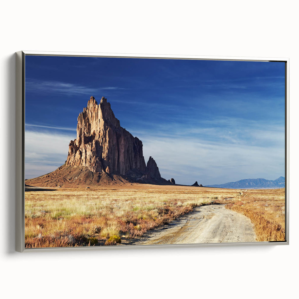 Framed canvas featuring a landscape art painting of White Sands, New Mexico with muted earth tones.