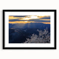 Abstract art print of Blue Ridge scenery in vibrant colors on a large framed canvas, suitable for living room decor.