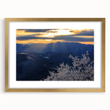 Extra large abstract art print of the Blue Ridge Mountains in muted blue tones on a framed canvas.