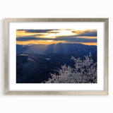 Textured abstract art print of Blue Ridge in muted earth tones, framed in silver, suitable for bedroom decor.