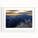 Abstract art print of the Blue Ridge in North Carolina, featuring soft blue and green tones on a white framed canvas.