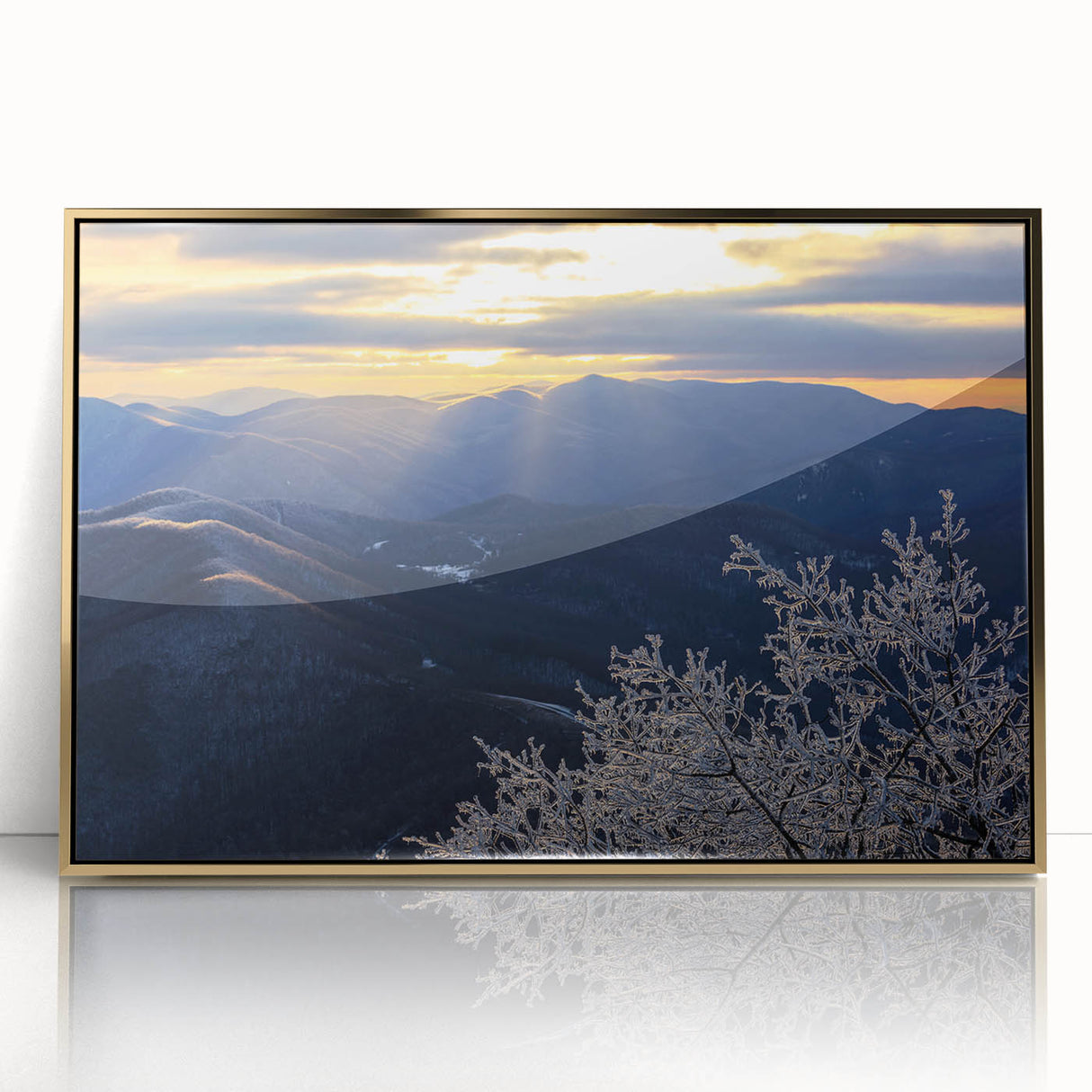 Mid-century modernist Blue Ridge mountain landscape in muted earth tones, framed acrylic print.