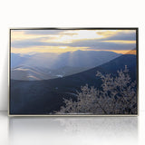 Mid-century modernist art depicting the Blue Ridge Mountains in muted blue tones, silver-framed acrylic print.