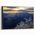 Black and white framed canvas of Blue Ridge landscape, ideal for bedroom wall decor.