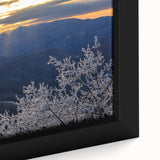 Framed canvas featuring a textured depiction of the Blue Ridge in North Carolina, with a palette of deep blues and greens.