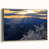 Framed canvas featuring a vintage poster of the Blue Ridge landscape in muted gold and black, ideal for bedroom wall art.
