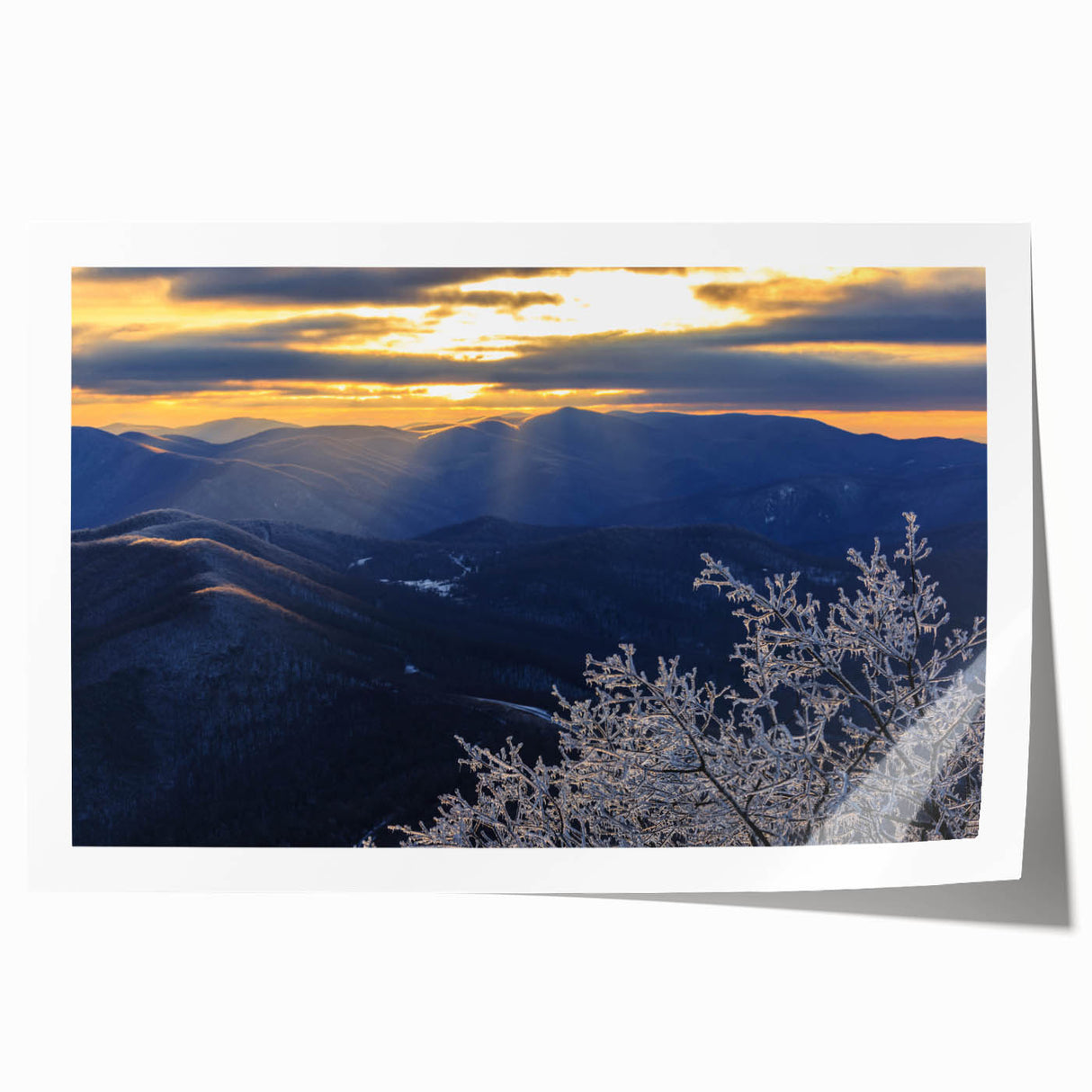 Blue Ridge mountain range in muted greens and blues on a rolled canvas, suitable as art wall for dining room.