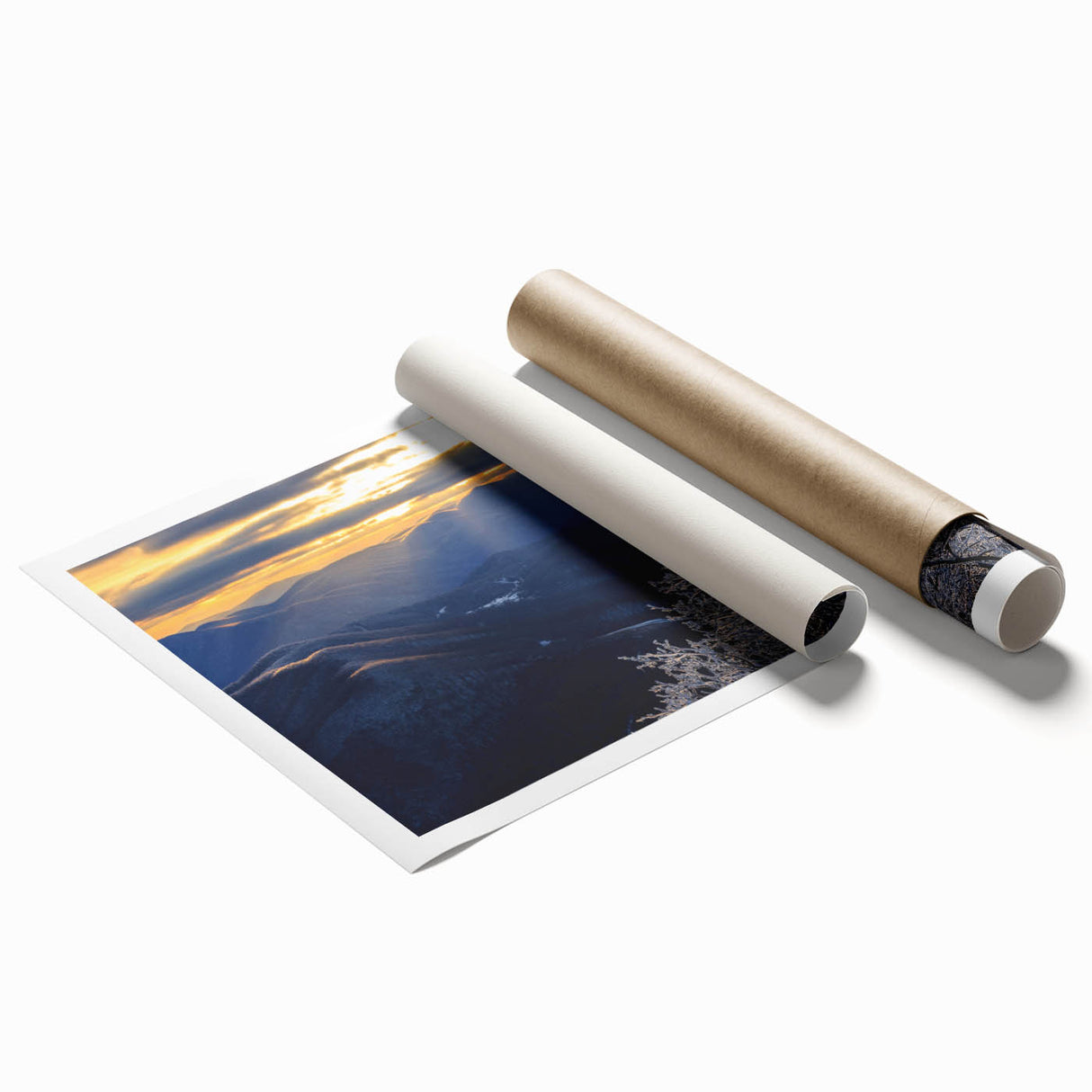 Blue Ridge Mountains landscape in muted earth tones on a large rolled canvas, suitable for bathroom or living room decor.