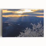 Black and white photograph of the Blue Ridge Mountains on stretched canvas, suitable for kitchen wall art.
