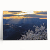 Black and white stretched canvas of the Blue Ridge Mountains, ideal for kitchen wall art.