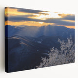 Blue Ridge Mountains landscape on stretched canvas, featuring muted green and blue tones, suitable for kitchen wall art.