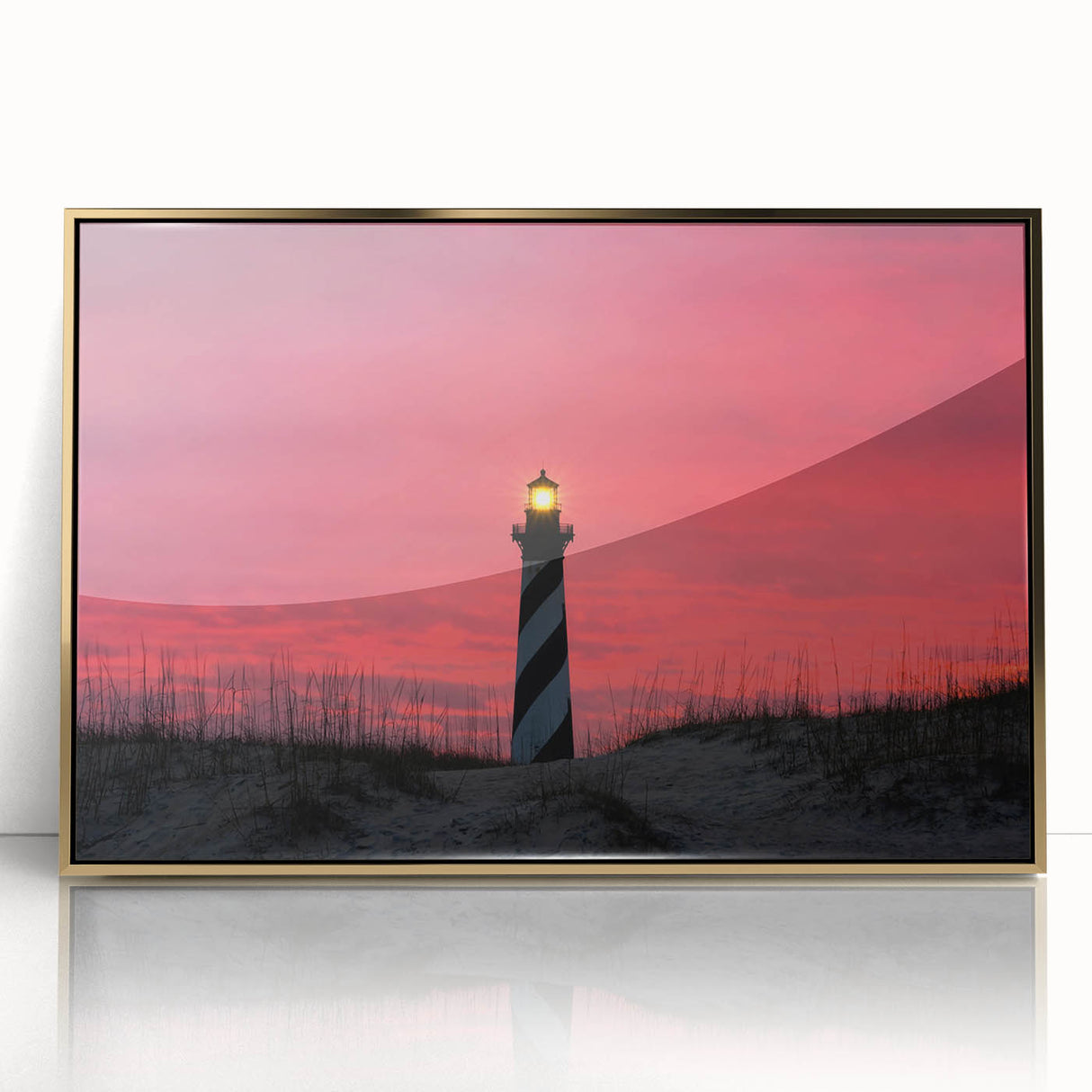 Mid-century modernist acrylic print of Cape Hatteras with muted earth tones, framed in gold, suitable for nursery wall art.