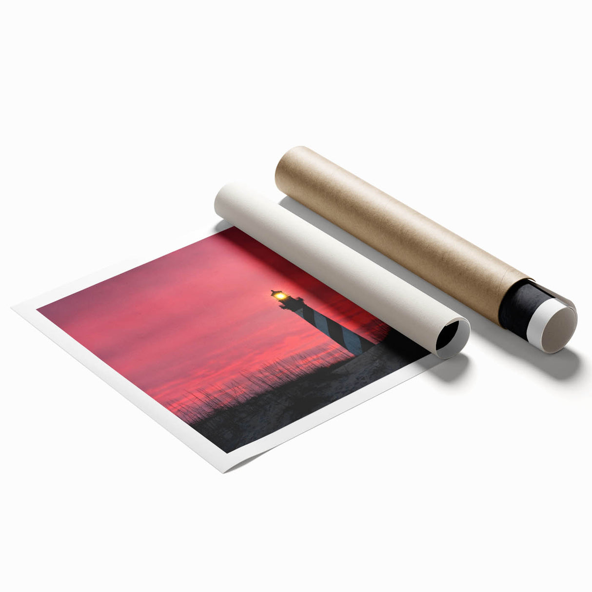 Rolled print of Cape Hatteras with soft pastel shades, ideal for classy bathroom wall art.